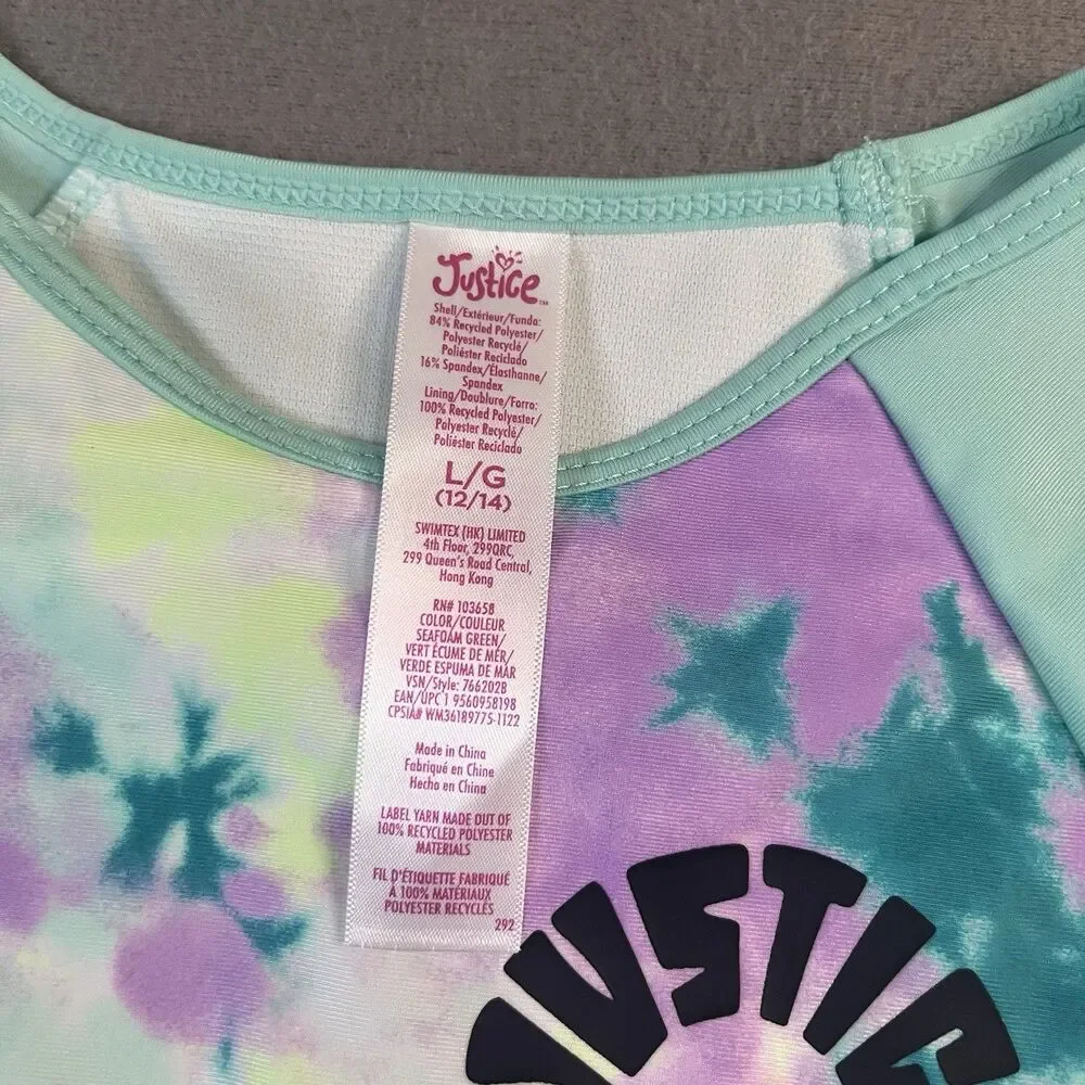Justice Girls Tie Dye Green Purple Rashguard 2PC Swimsuit Youth Size L 12/14
